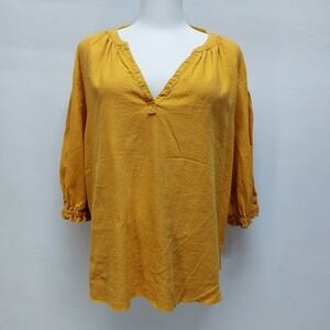 Just Living Linen Blend Tunic Women's Large Yellow V-Neck Puff Sleeve Boho